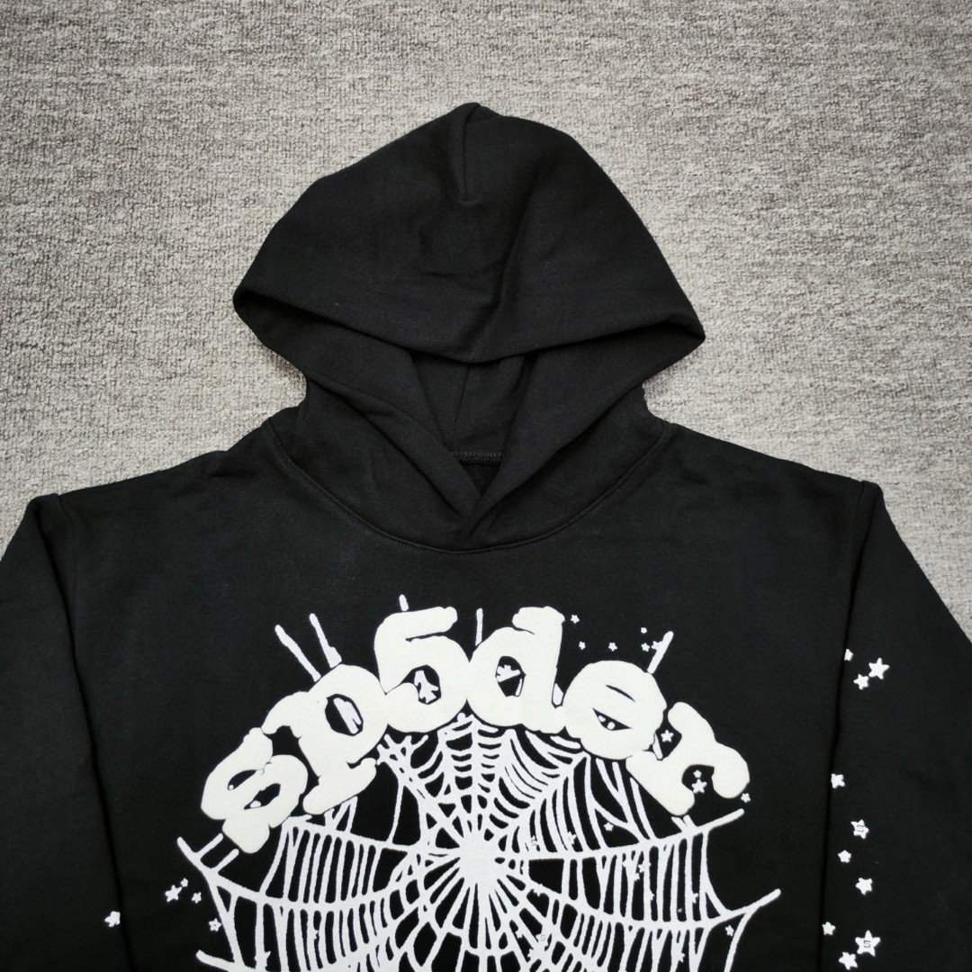 Sp5der 白色Sp5der字母 星星蜘蛛网套头连帽卫衣 外套 黑色 B0 