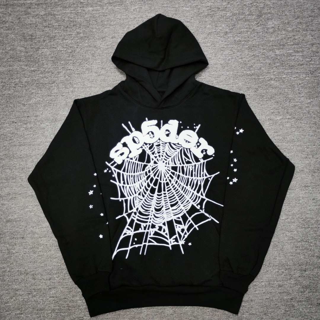 Sp5der 白色Sp5der字母 星星蜘蛛网套头连帽卫衣 外套 黑色 B0 