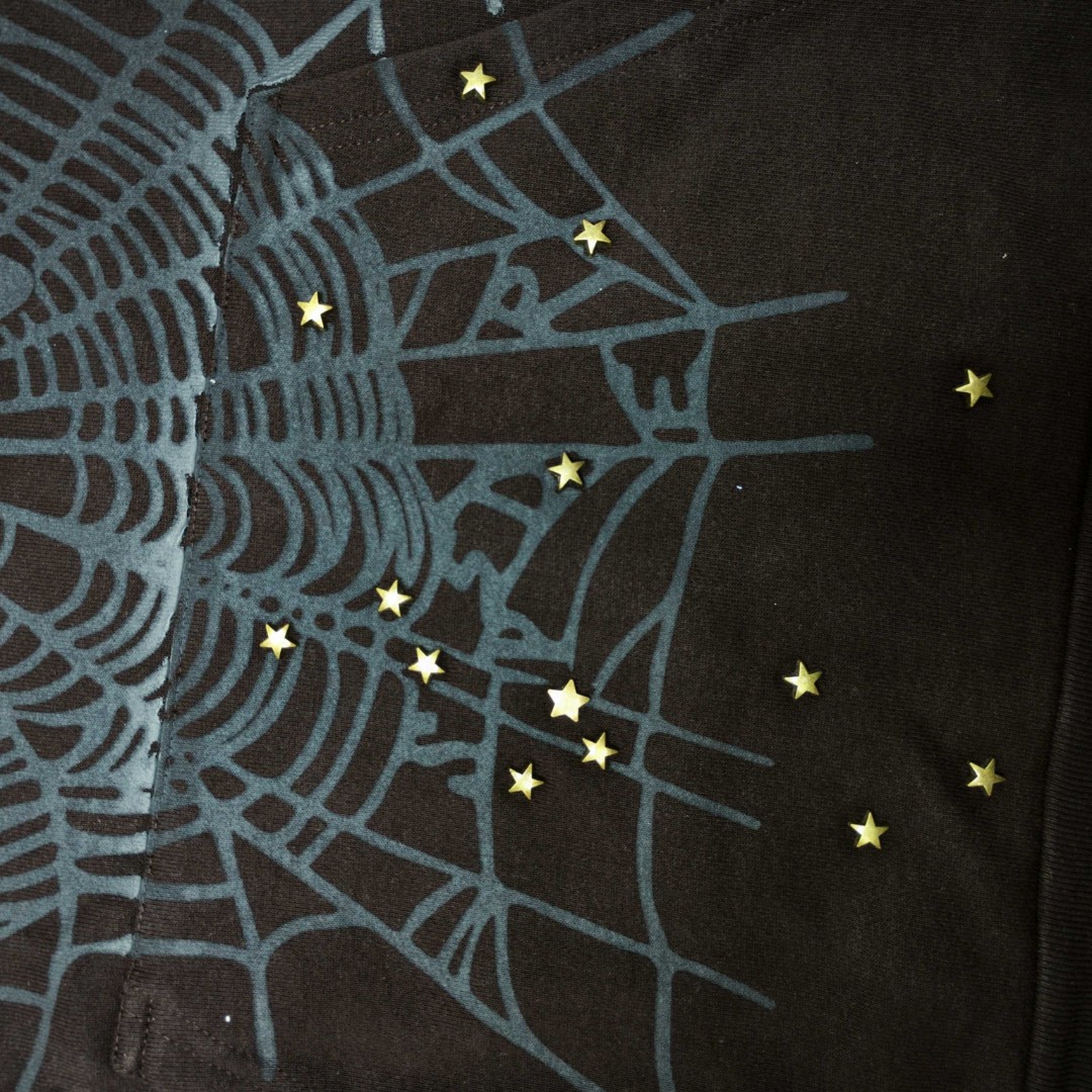 Sp5der 红色Rodeo字母 星星蜘蛛网套头连帽卫衣 外套 棕色 B0 