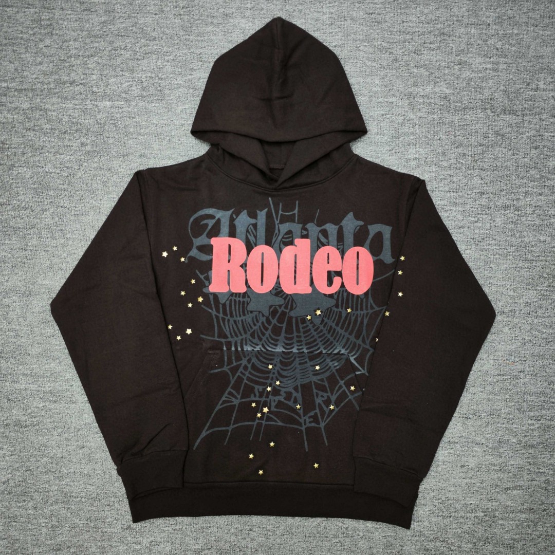 Sp5der 红色Rodeo字母 星星蜘蛛网套头连帽卫衣 外套 棕色 B0 
