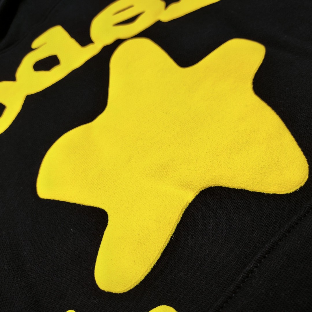Sp5der 黄色Sp5der字母 星星印花套头连帽卫衣 外套 黑色 B0 