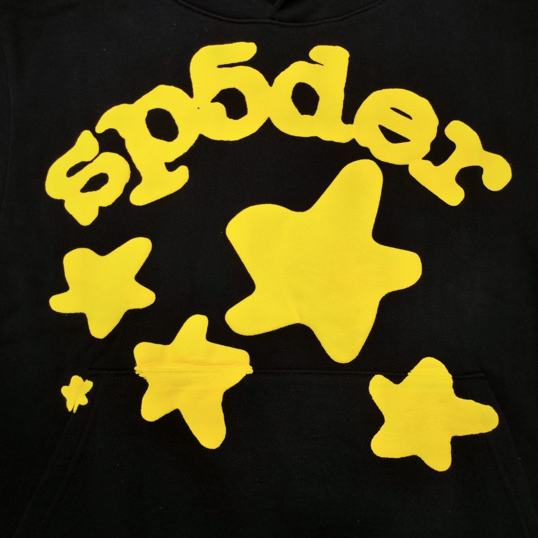 Sp5der 黄色Sp5der字母 星星印花套头连帽卫衣 外套 黑色 B0 