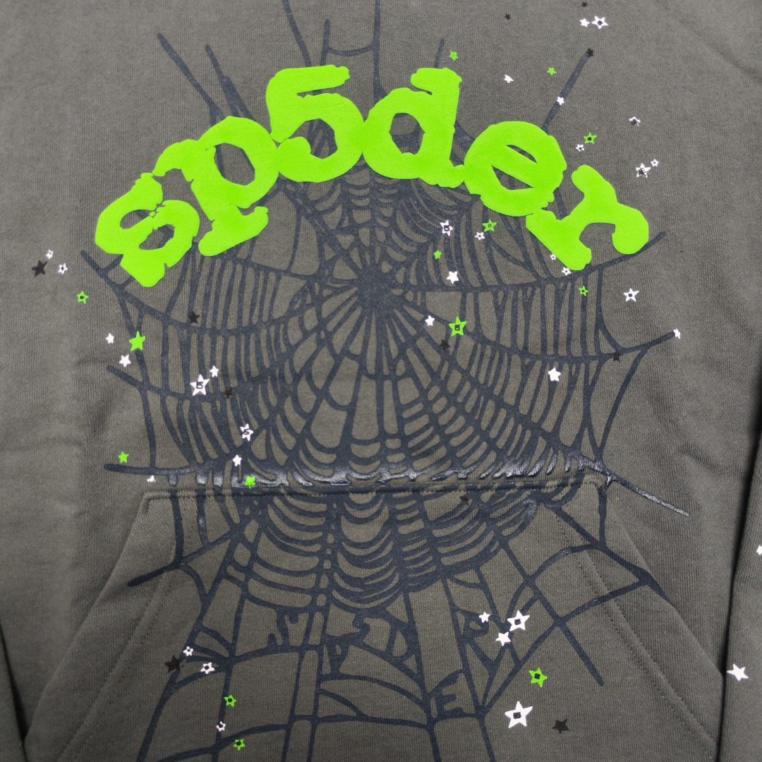 Sp5der绿色Sp5der字母 星星蜘蛛网套头连帽卫衣 外套 深灰色 B0 