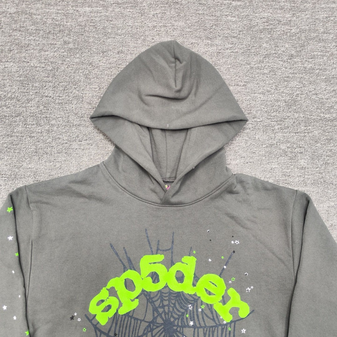 Sp5der绿色Sp5der字母 星星蜘蛛网套头连帽卫衣 外套 深灰色 B0 