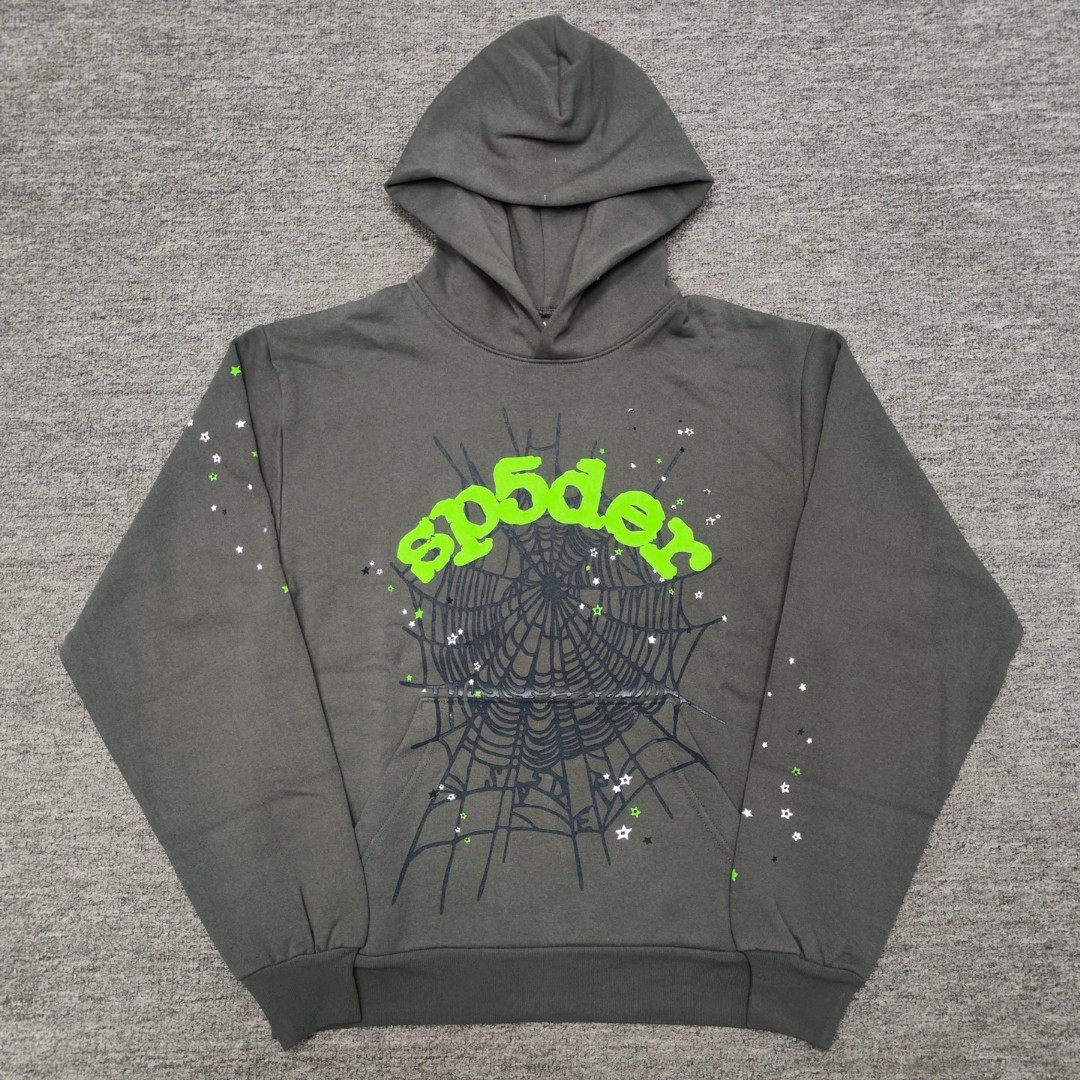 Sp5der绿色Sp5der字母 星星蜘蛛网套头连帽卫衣 外套 深灰色 B0 