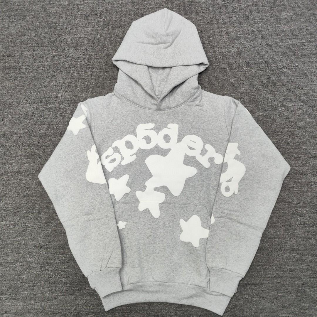Sp5der 白色Sp5der字母 星星印花套头连帽卫衣 外套 灰色 B0 