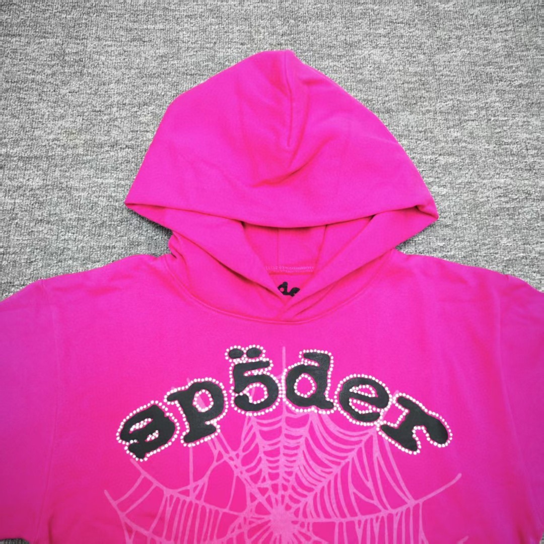 Sp5der 黑色Sp5der字母 蜘蛛网套头连帽卫衣 外套 玫红色 B0 