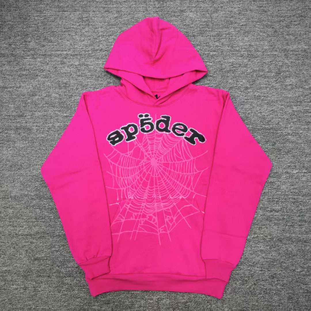 Sp5der 黑色Sp5der字母 蜘蛛网套头连帽卫衣 外套 玫红色 B0 