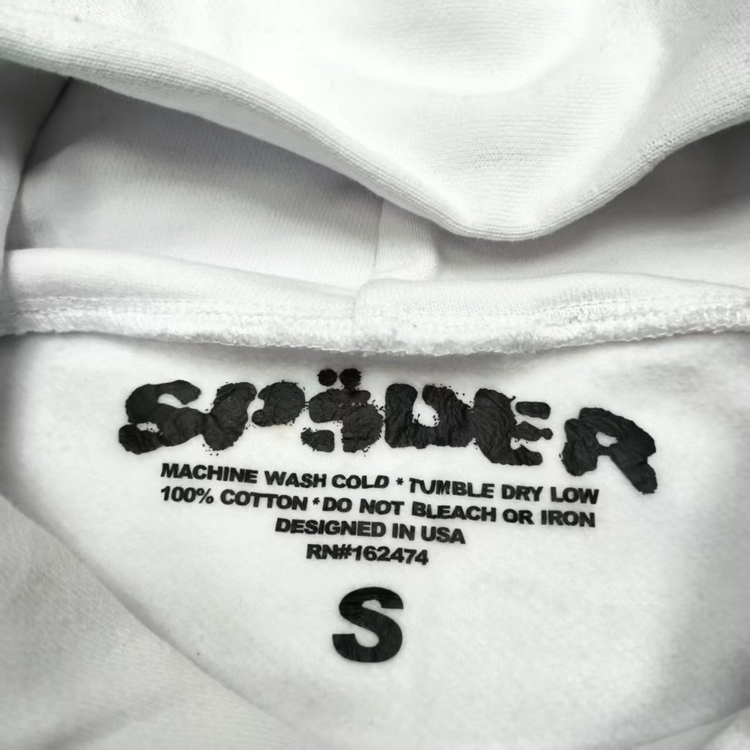 Sp5der 烫钻Spider字母 蜘蛛网套头连帽卫衣 外套 白色 B0 