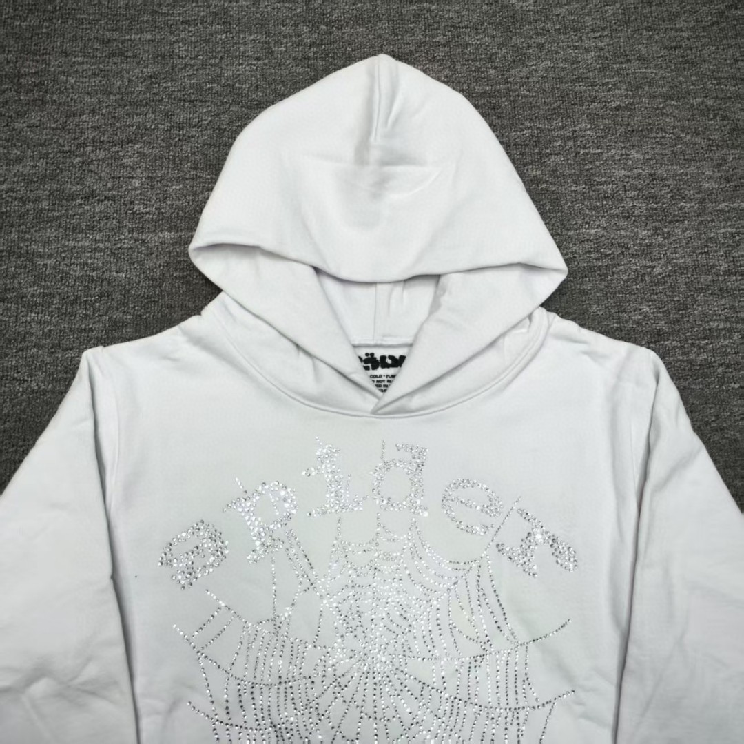 Sp5der 烫钻Spider字母 蜘蛛网套头连帽卫衣 外套 白色 B0 