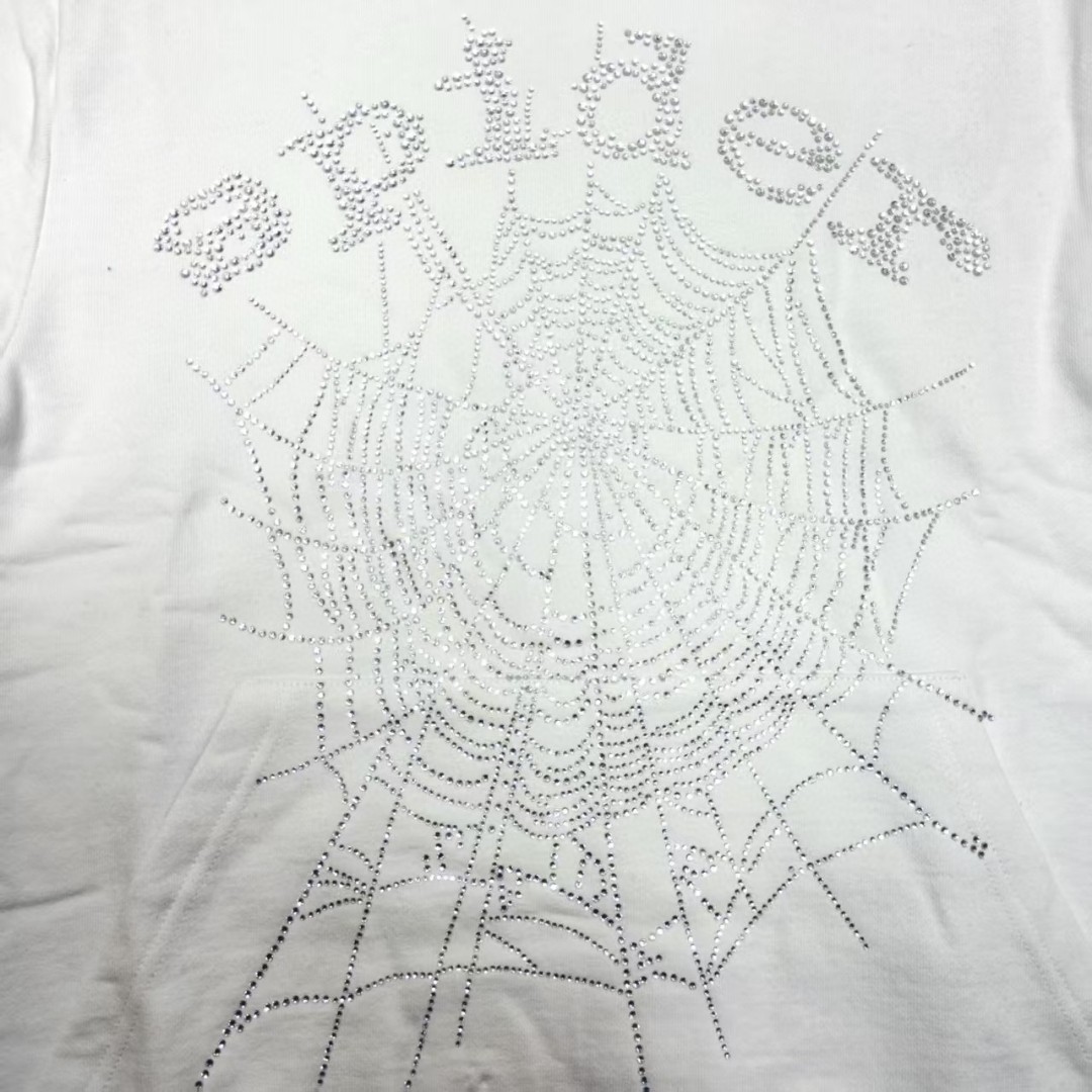 Sp5der 烫钻Spider字母 蜘蛛网套头连帽卫衣 外套 白色 B0 