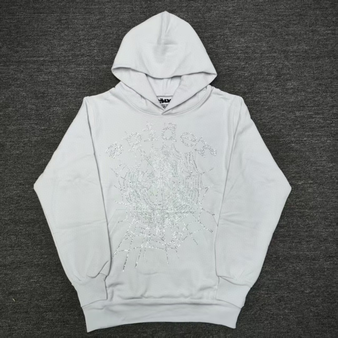 Sp5der 烫钻Spider字母 蜘蛛网套头连帽卫衣 外套 白色 B0 