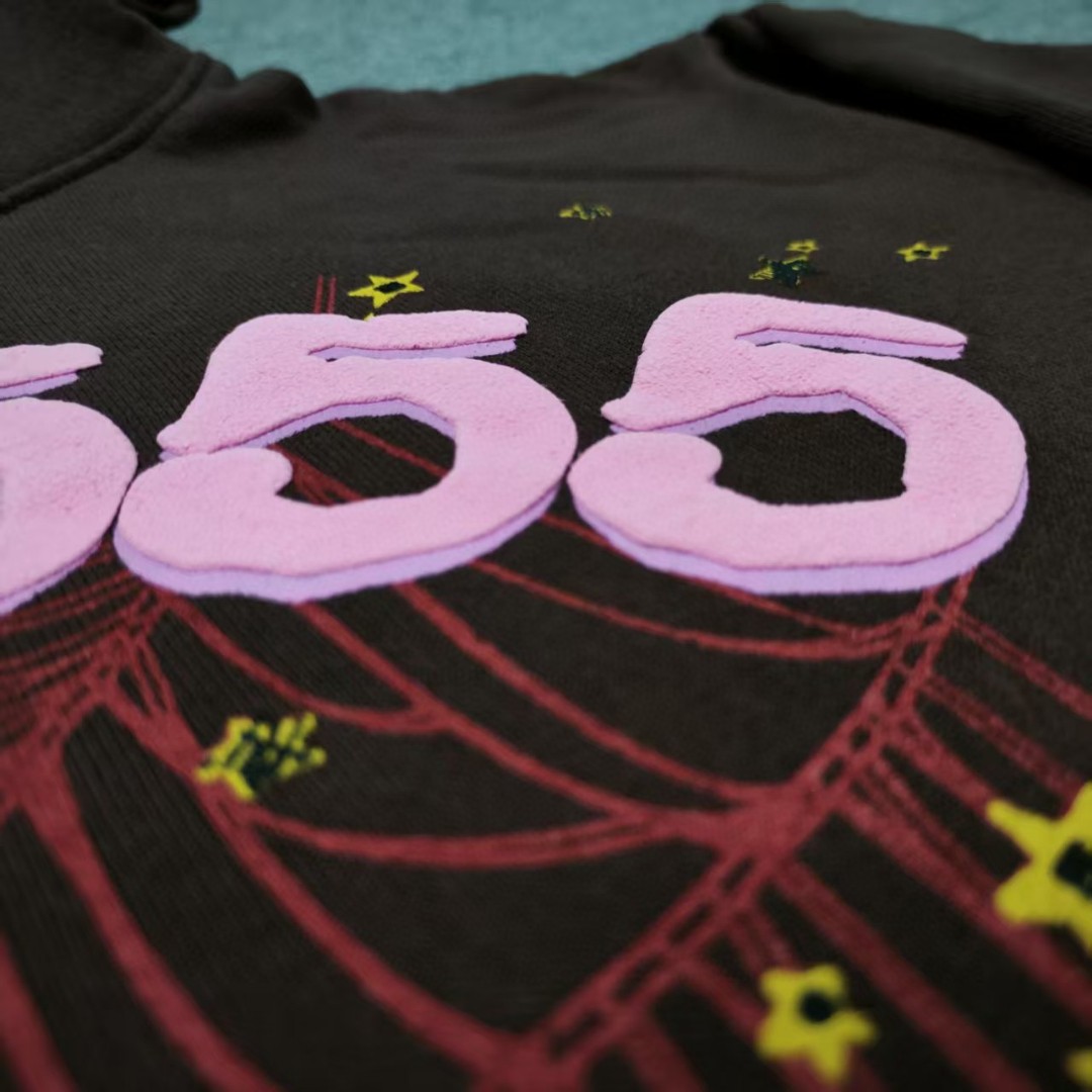 Sp5der 粉色555数字 星星蜘蛛网套头连帽卫衣 外套 棕色 B0 