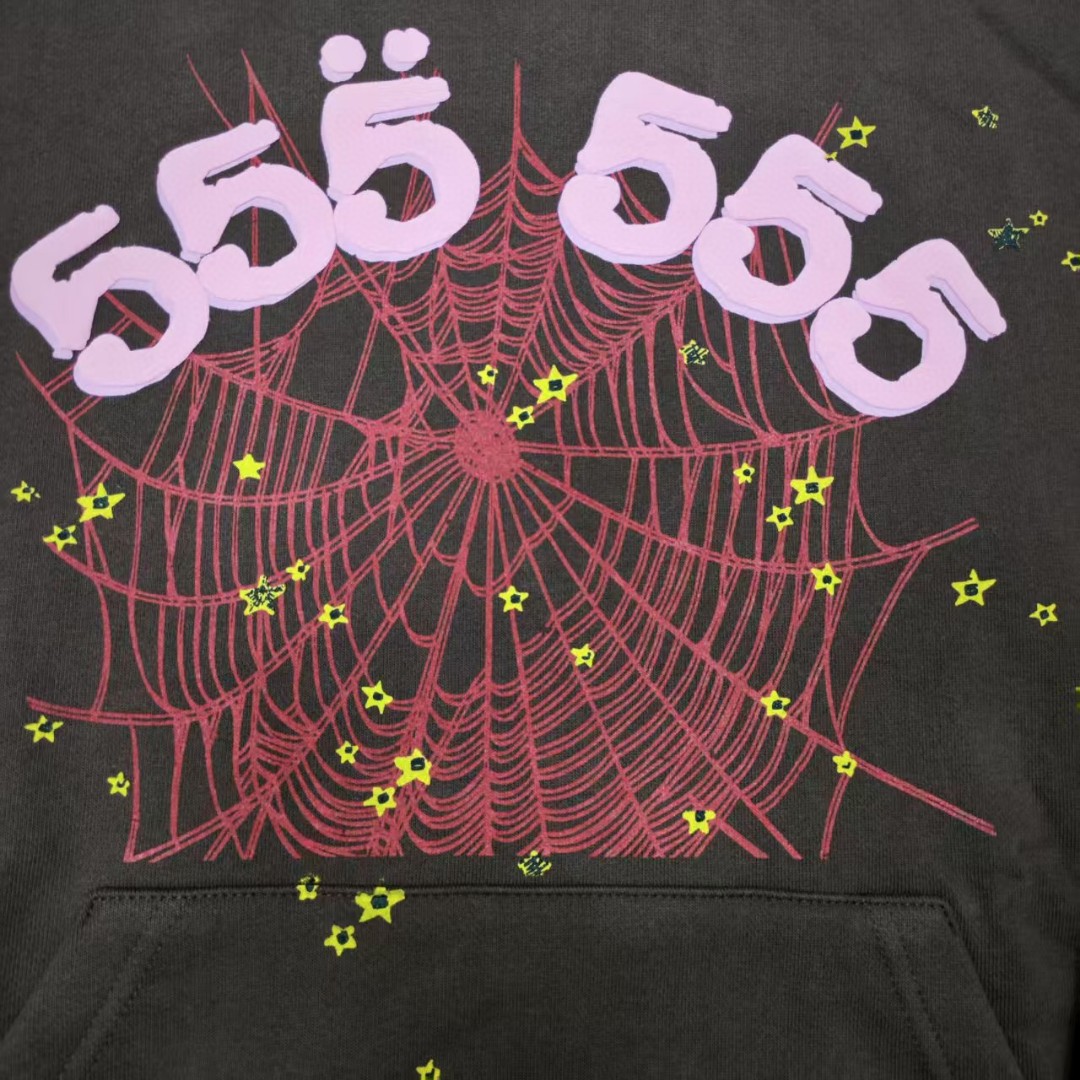 Sp5der 粉色555数字 星星蜘蛛网套头连帽卫衣 外套 棕色 B0 
