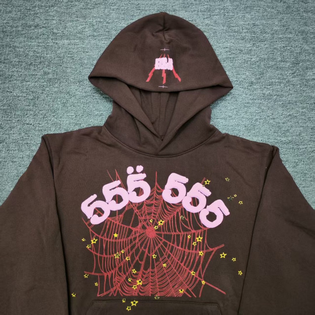 Sp5der 粉色555数字 星星蜘蛛网套头连帽卫衣 外套 棕色 B0 