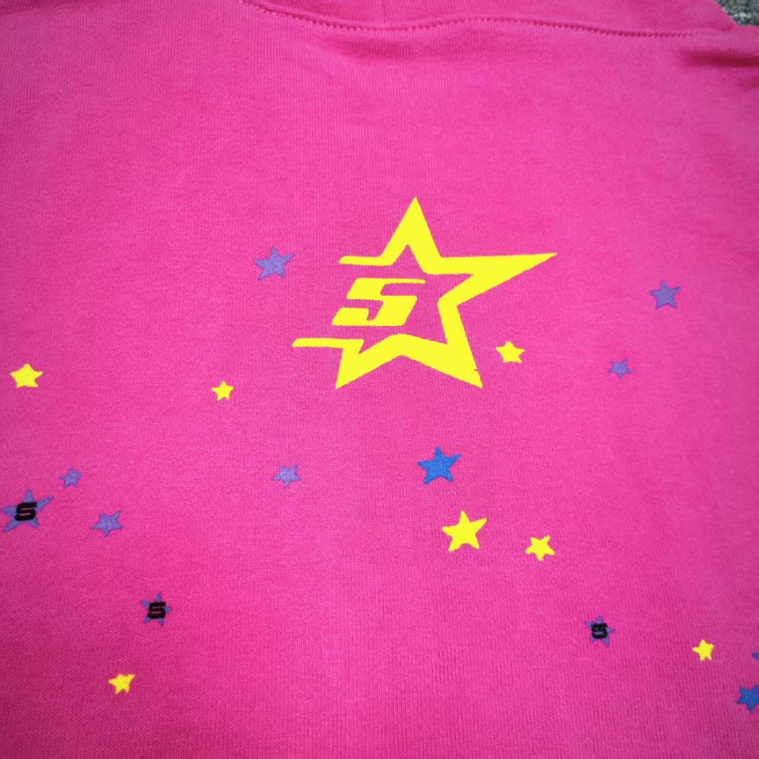 Sp5der 黑色Sp5der字母 星星蜘蛛网套头连帽卫衣 外套 玫红色 B0 