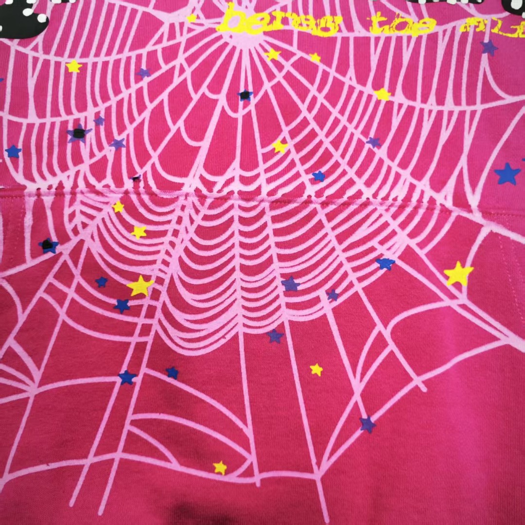 Sp5der 黑色Sp5der字母 星星蜘蛛网套头连帽卫衣 外套 玫红色 B0 