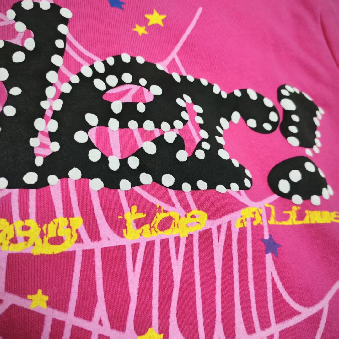 Sp5der 黑色Sp5der字母 星星蜘蛛网套头连帽卫衣 外套 玫红色 B0 