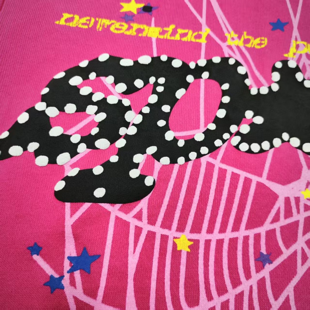 Sp5der 黑色Sp5der字母 星星蜘蛛网套头连帽卫衣 外套 玫红色 B0 