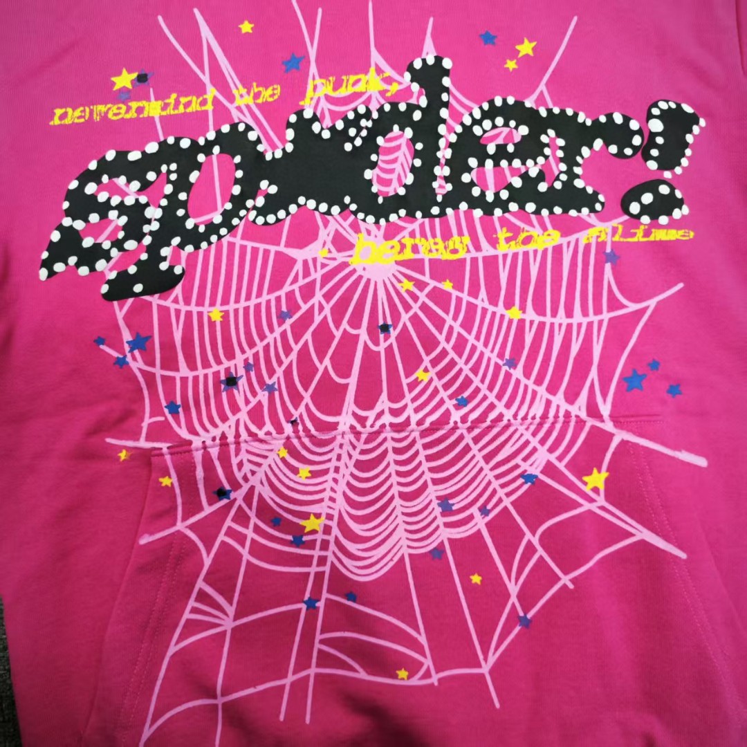 Sp5der 黑色Sp5der字母 星星蜘蛛网套头连帽卫衣 外套 玫红色 B0 