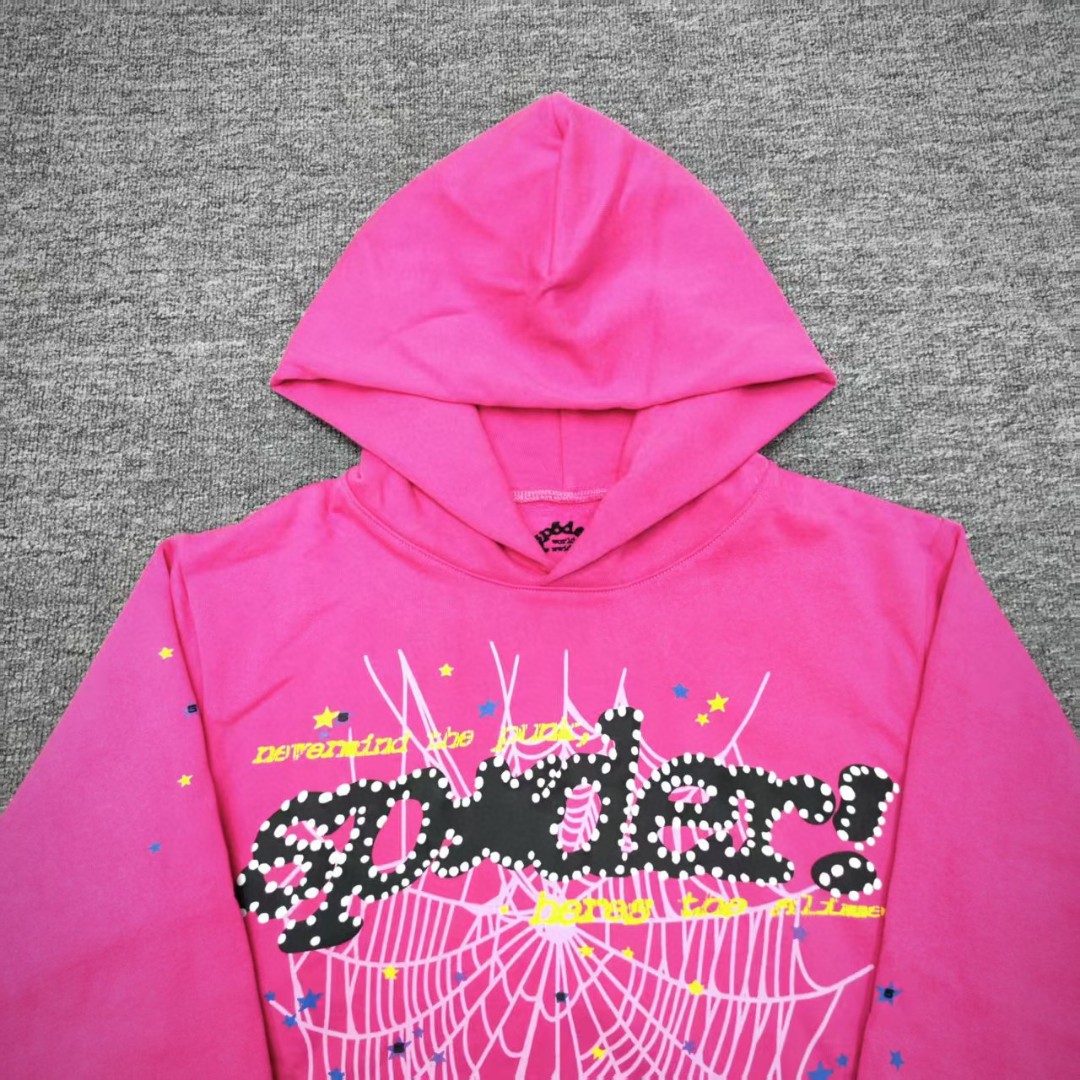 Sp5der 黑色Sp5der字母 星星蜘蛛网套头连帽卫衣 外套 玫红色 B0 