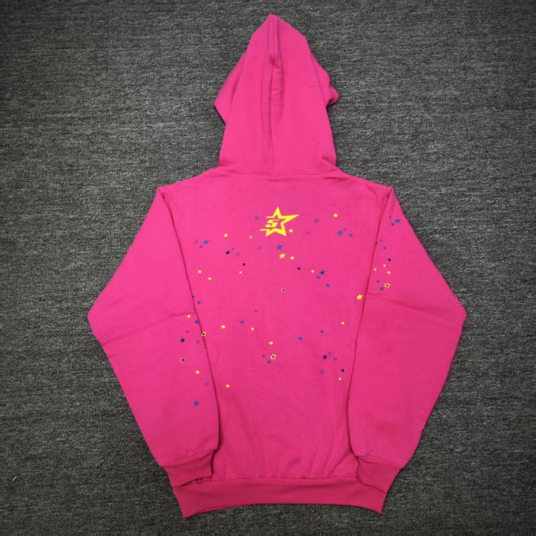 Sp5der 黑色Sp5der字母 星星蜘蛛网套头连帽卫衣 外套 玫红色 B0 