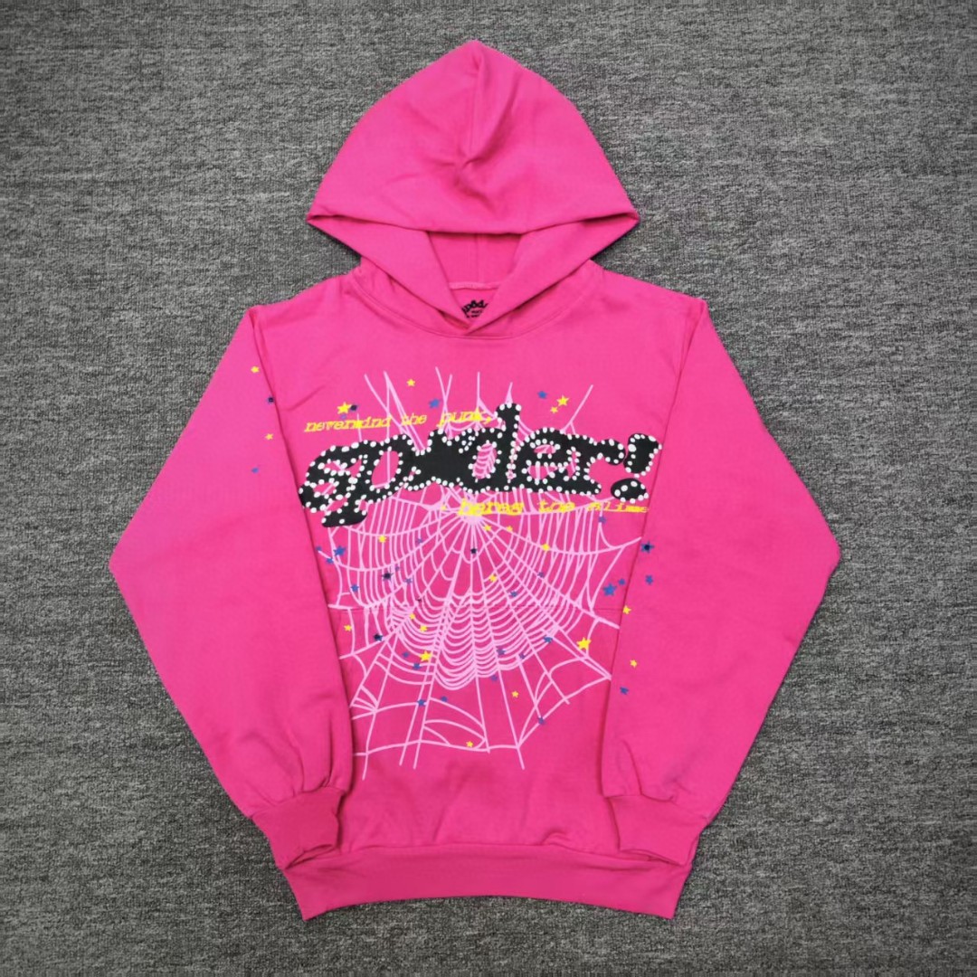 Sp5der 黑色Sp5der字母 星星蜘蛛网套头连帽卫衣 外套 玫红色 B0 