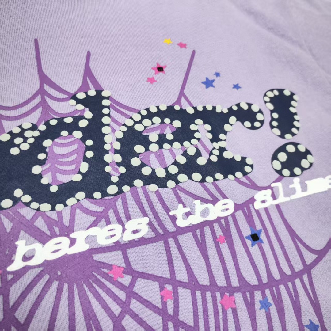 Sp5der 黑色Sp5der字母 星星蜘蛛网套头连帽卫衣 外套 香芋紫 B0 