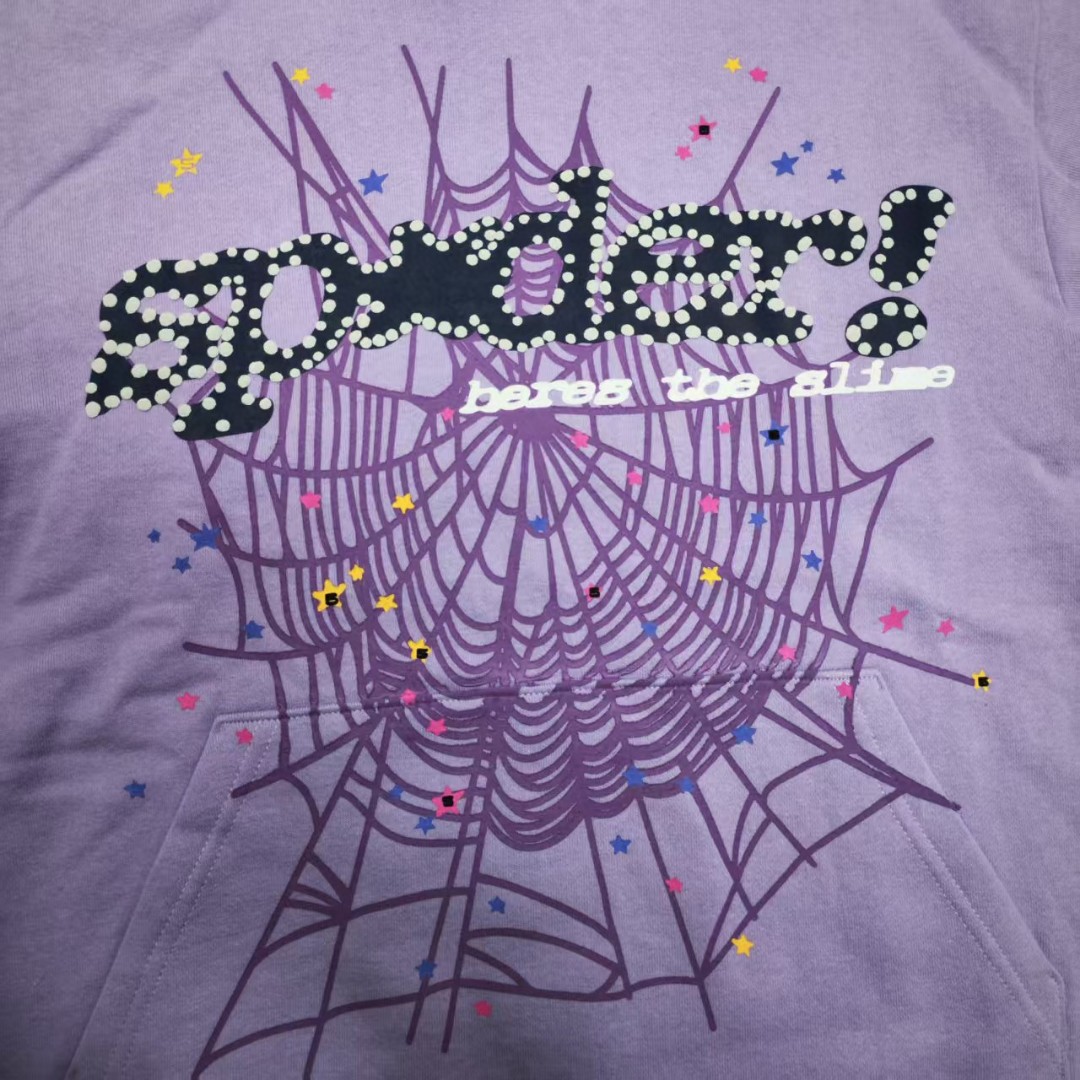 Sp5der 黑色Sp5der字母 星星蜘蛛网套头连帽卫衣 外套 香芋紫 B0 