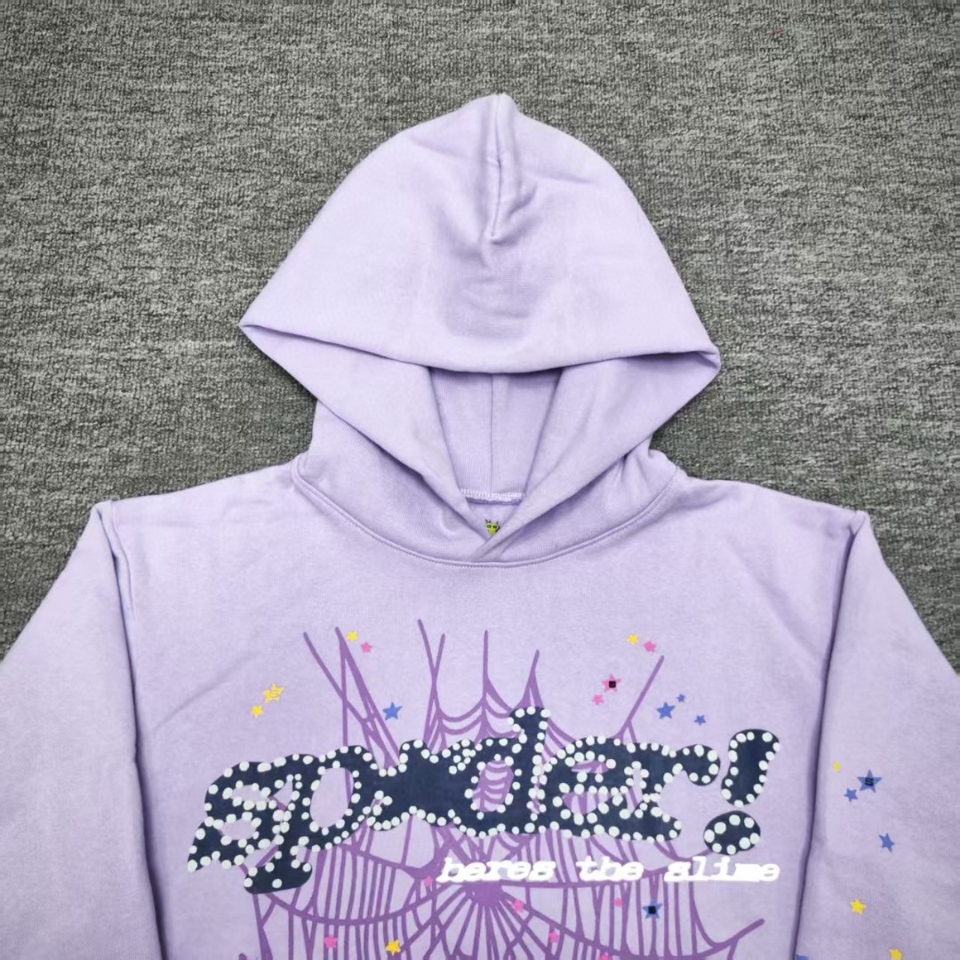 Sp5der 黑色Sp5der字母 星星蜘蛛网套头连帽卫衣 外套 香芋紫 B0 