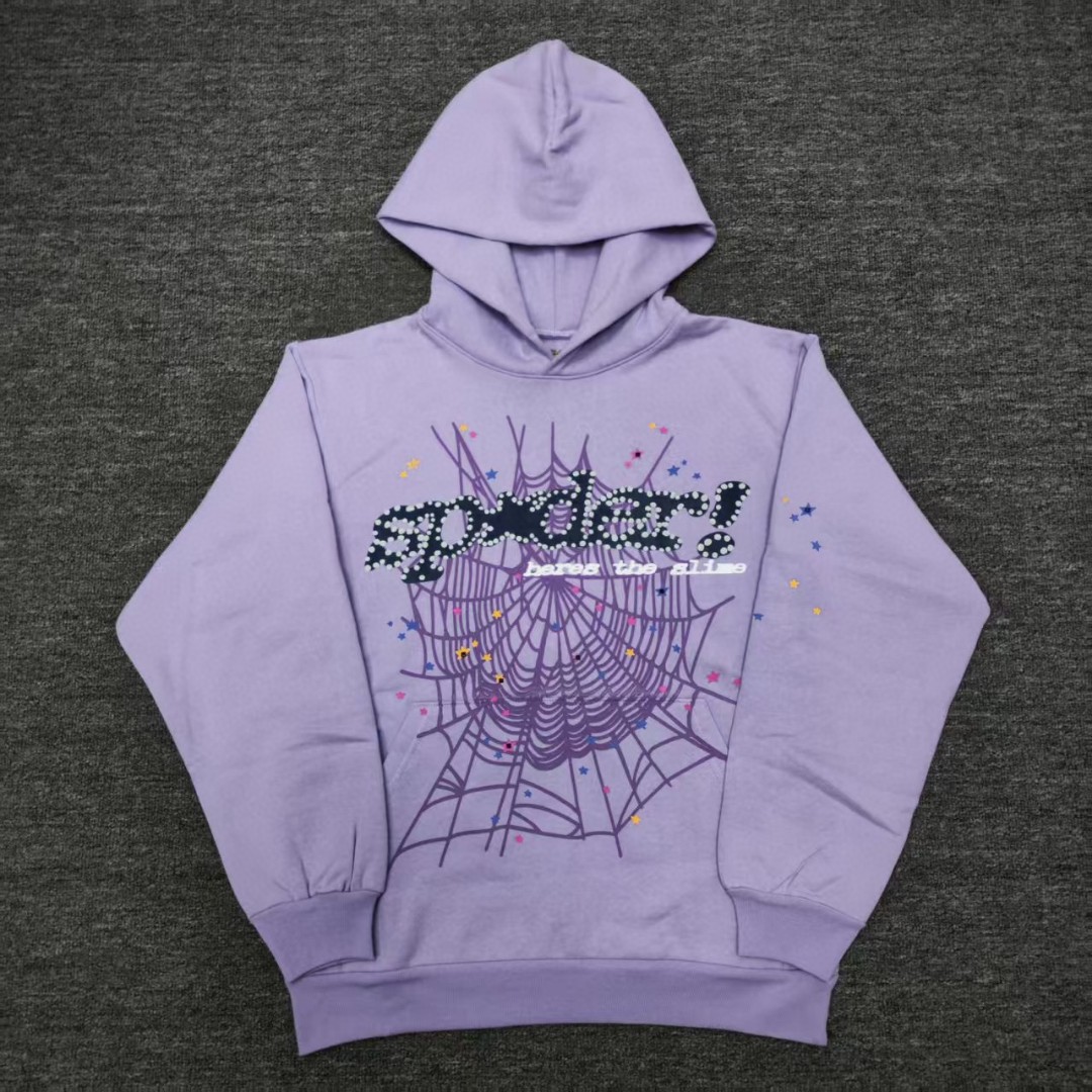 Sp5der 黑色Sp5der字母 星星蜘蛛网套头连帽卫衣 外套 香芋紫 B0 