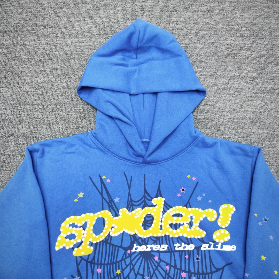 Sp5der 黄色Sp5der字母 蜘蛛网套头连帽卫衣 外套 蓝色 B0 