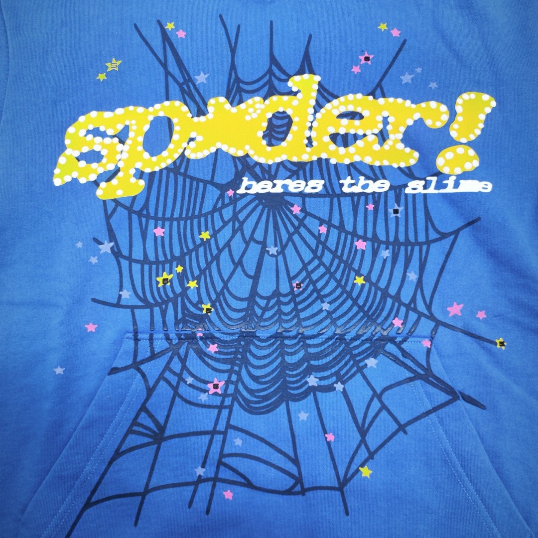 Sp5der 黄色Sp5der字母 蜘蛛网套头连帽卫衣 外套 蓝色 B0 