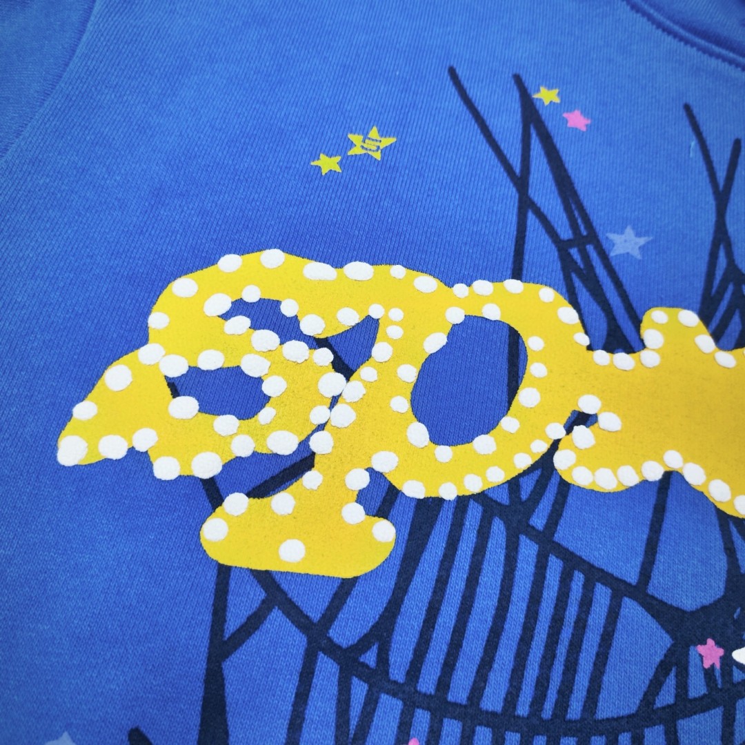 Sp5der 黄色Sp5der字母 蜘蛛网套头连帽卫衣 外套 蓝色 B0 