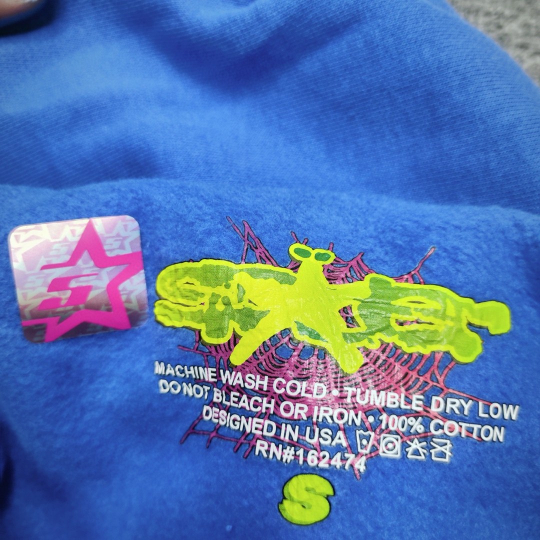 Sp5der 黄色Sp5der字母 蜘蛛网套头连帽卫衣 外套 蓝色 B0 