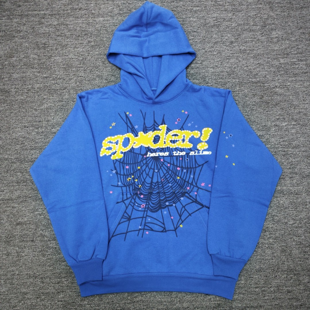 Sp5der 黄色Sp5der字母 蜘蛛网套头连帽卫衣 外套 蓝色 B0 