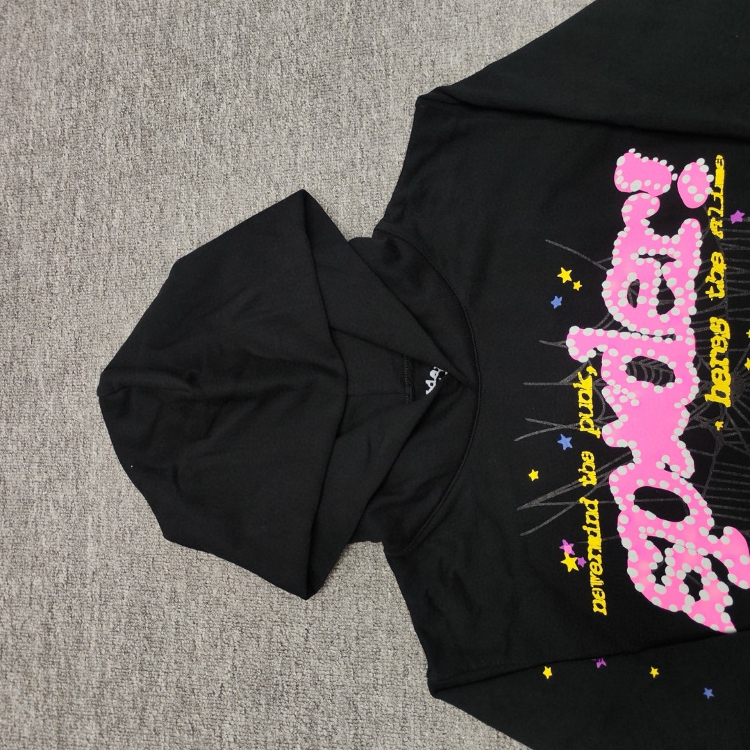 Sp5der 粉色Sp5der字母 蜘蛛网套头连帽卫衣 外套 黑色 B0 