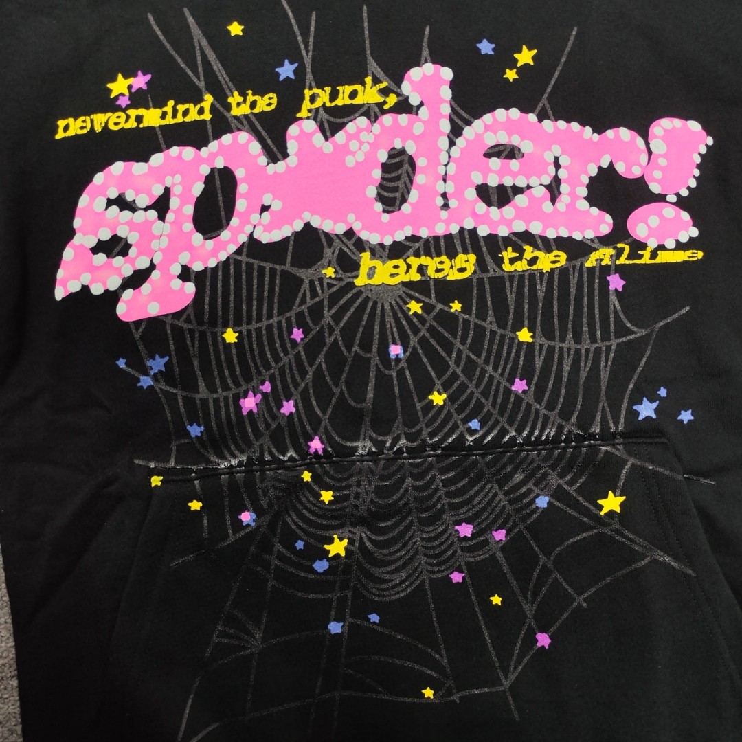 Sp5der 粉色Sp5der字母 蜘蛛网套头连帽卫衣 外套 黑色 B0 