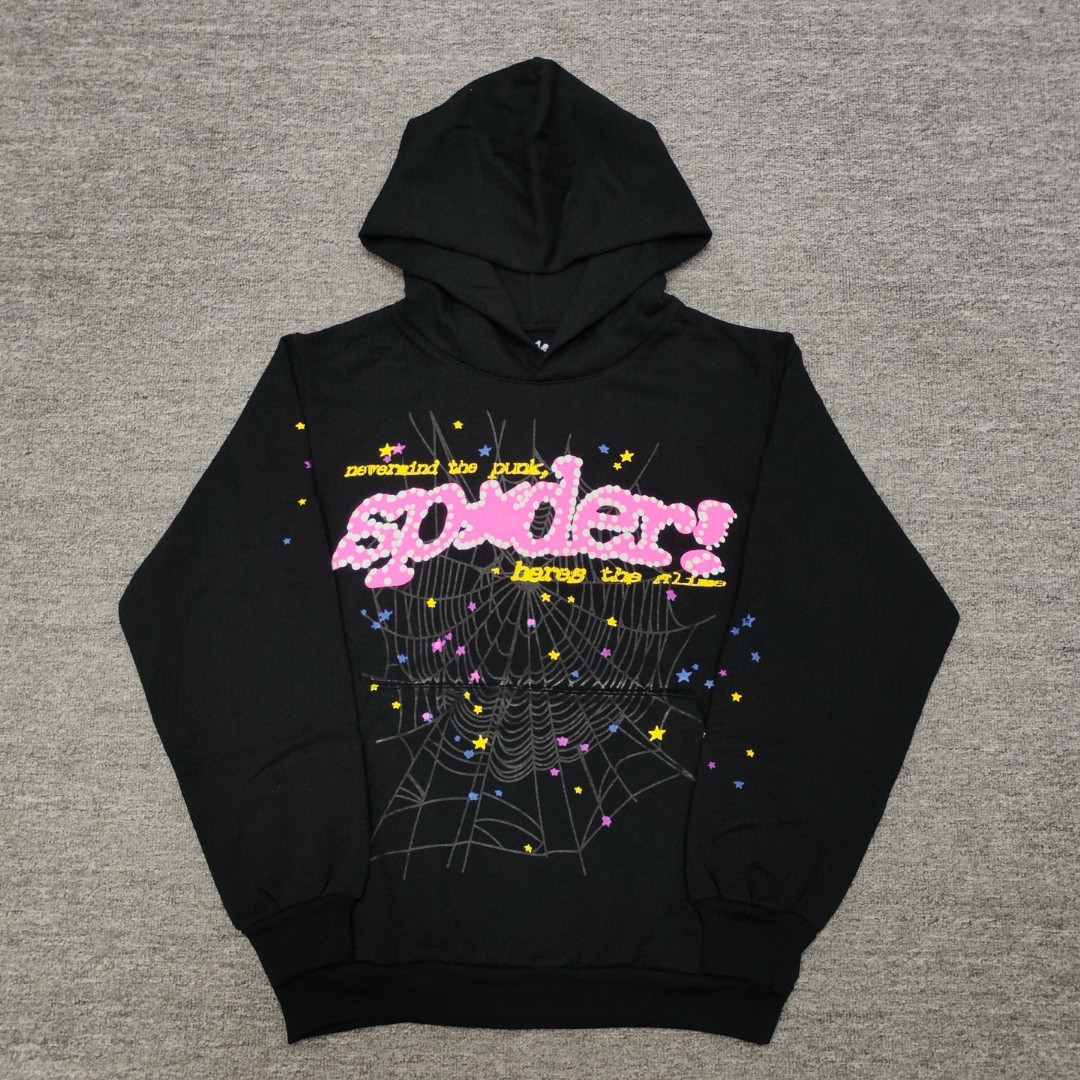 Sp5der 粉色Sp5der字母 蜘蛛网套头连帽卫衣 外套 黑色 B0 