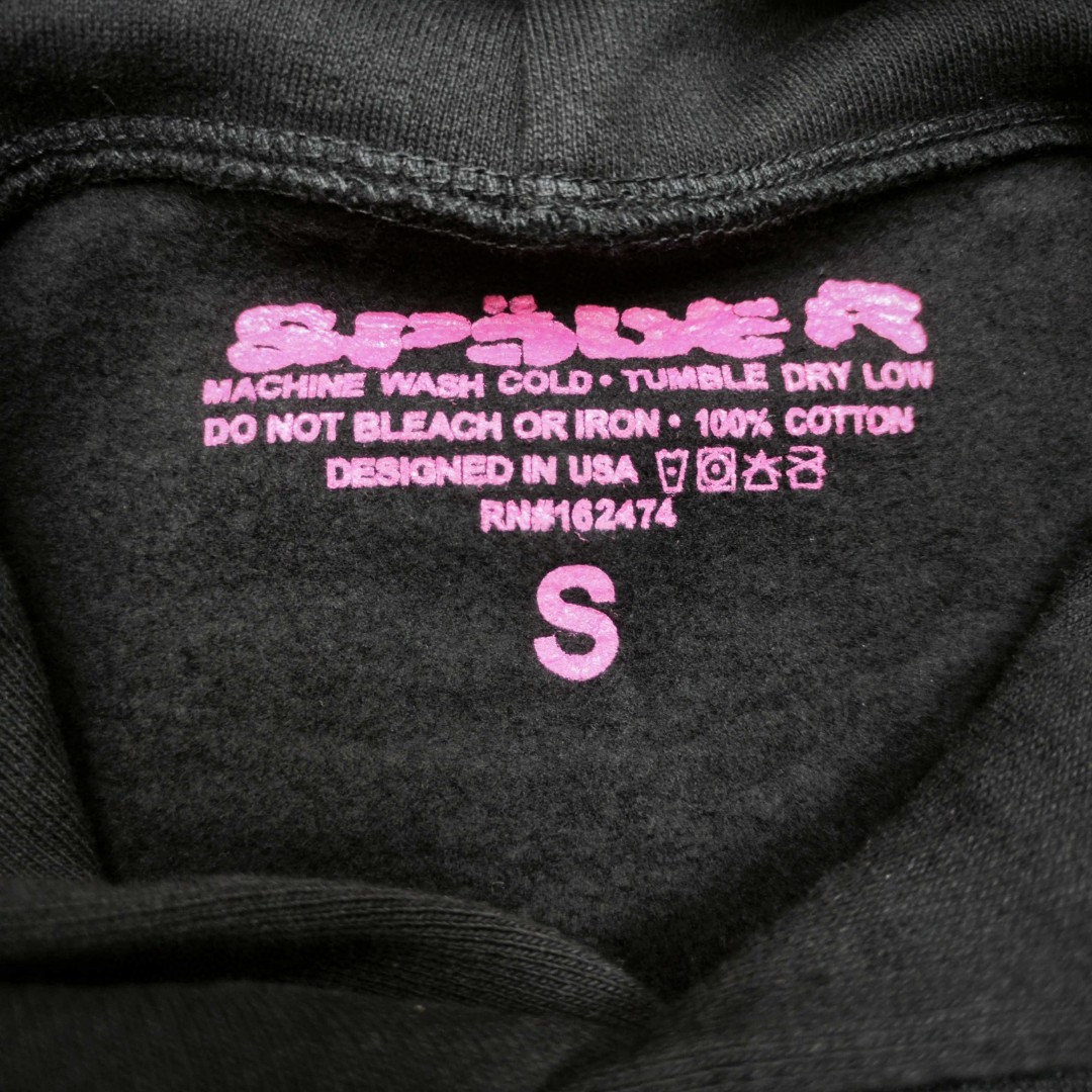 Sp5der 粉色pink字母 蜘蛛网套头连帽卫衣 外套 黑色 B0 