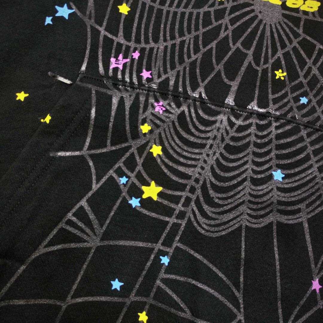 Sp5der 粉色pink字母 蜘蛛网套头连帽卫衣 外套 黑色 B0 