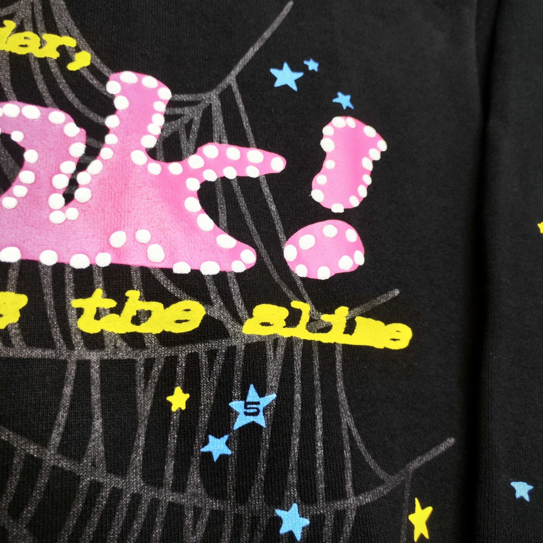 Sp5der 粉色pink字母 蜘蛛网套头连帽卫衣 外套 黑色 B0 