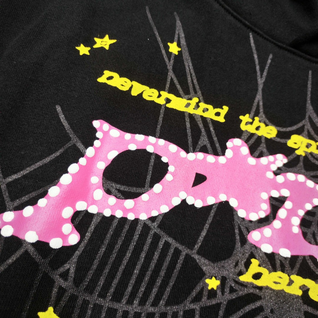 Sp5der 粉色pink字母 蜘蛛网套头连帽卫衣 外套 黑色 B0 