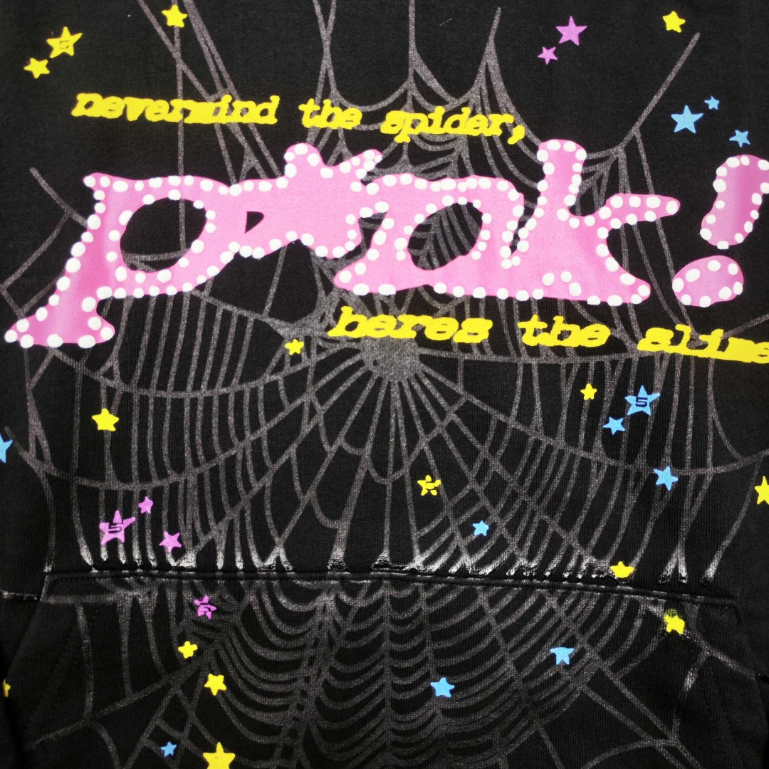 Sp5der 粉色pink字母 蜘蛛网套头连帽卫衣 外套 黑色 B0 