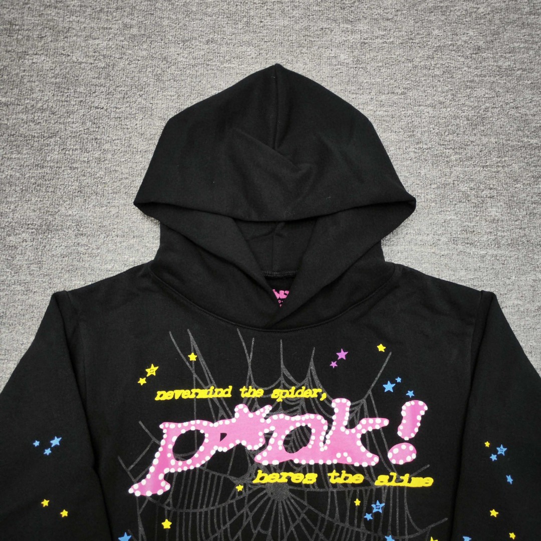 Sp5der 粉色pink字母 蜘蛛网套头连帽卫衣 外套 黑色 B0 