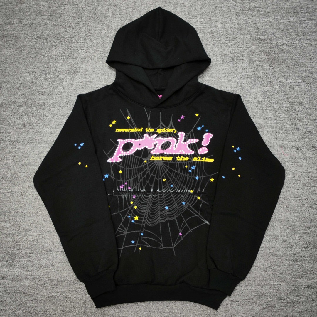 Sp5der 粉色pink字母 蜘蛛网套头连帽卫衣 外套 黑色 B0 