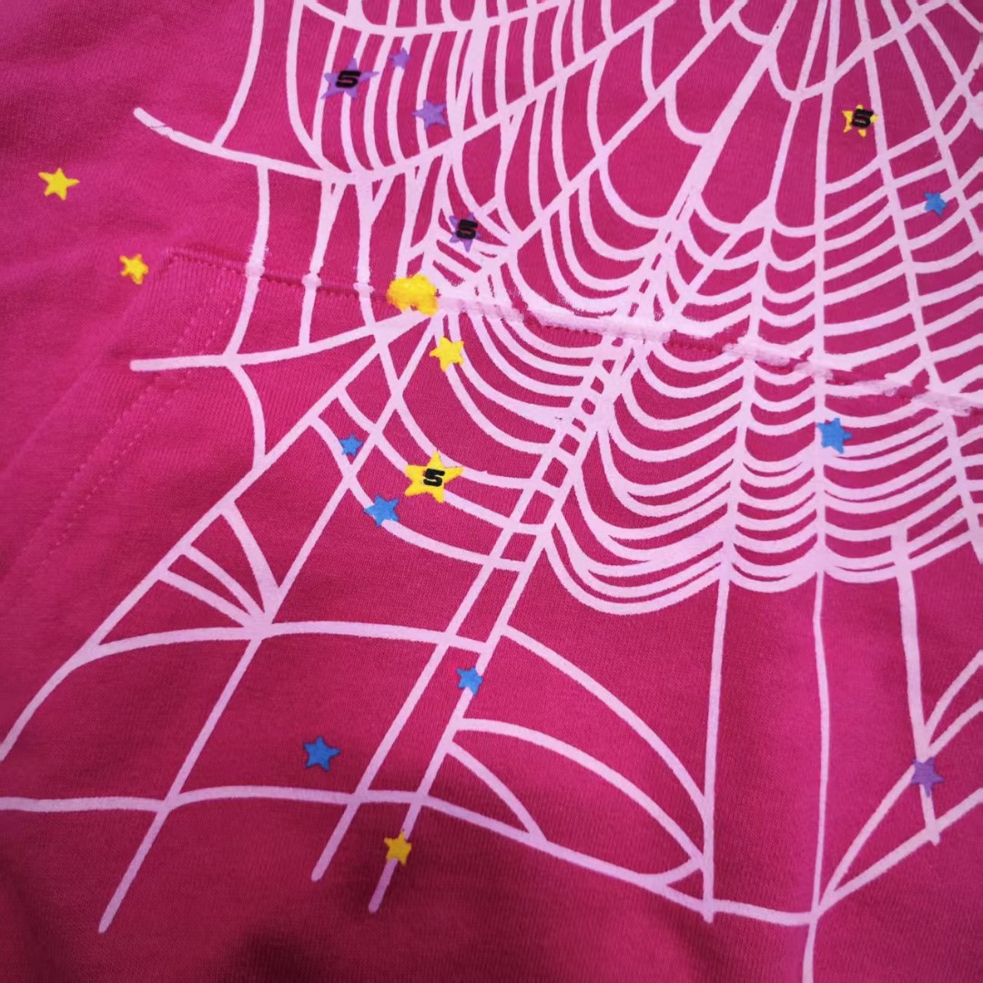 Sp5der 黑色pink字母 蜘蛛网套头连帽卫衣 外套 玫红色 B0 