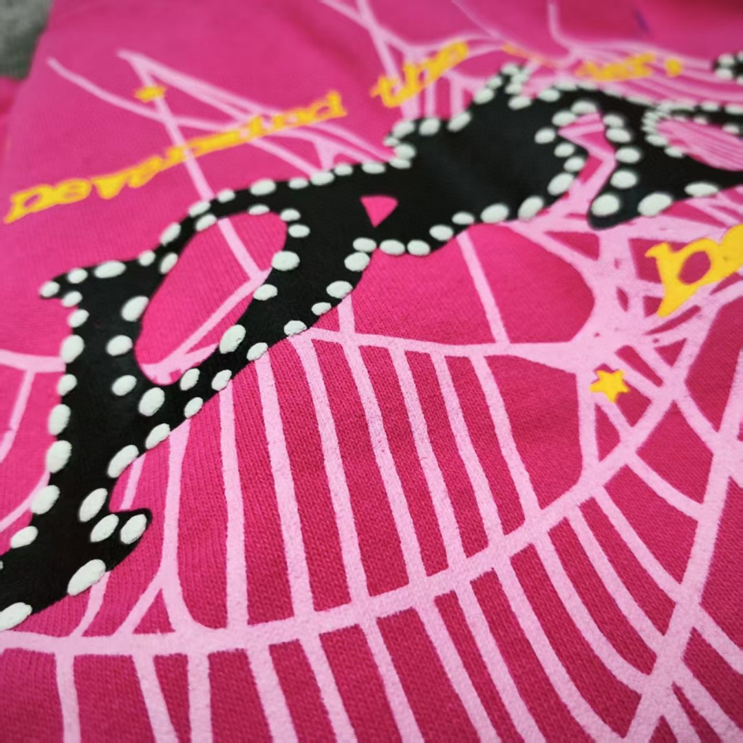 Sp5der 黑色pink字母 蜘蛛网套头连帽卫衣 外套 玫红色 B0 