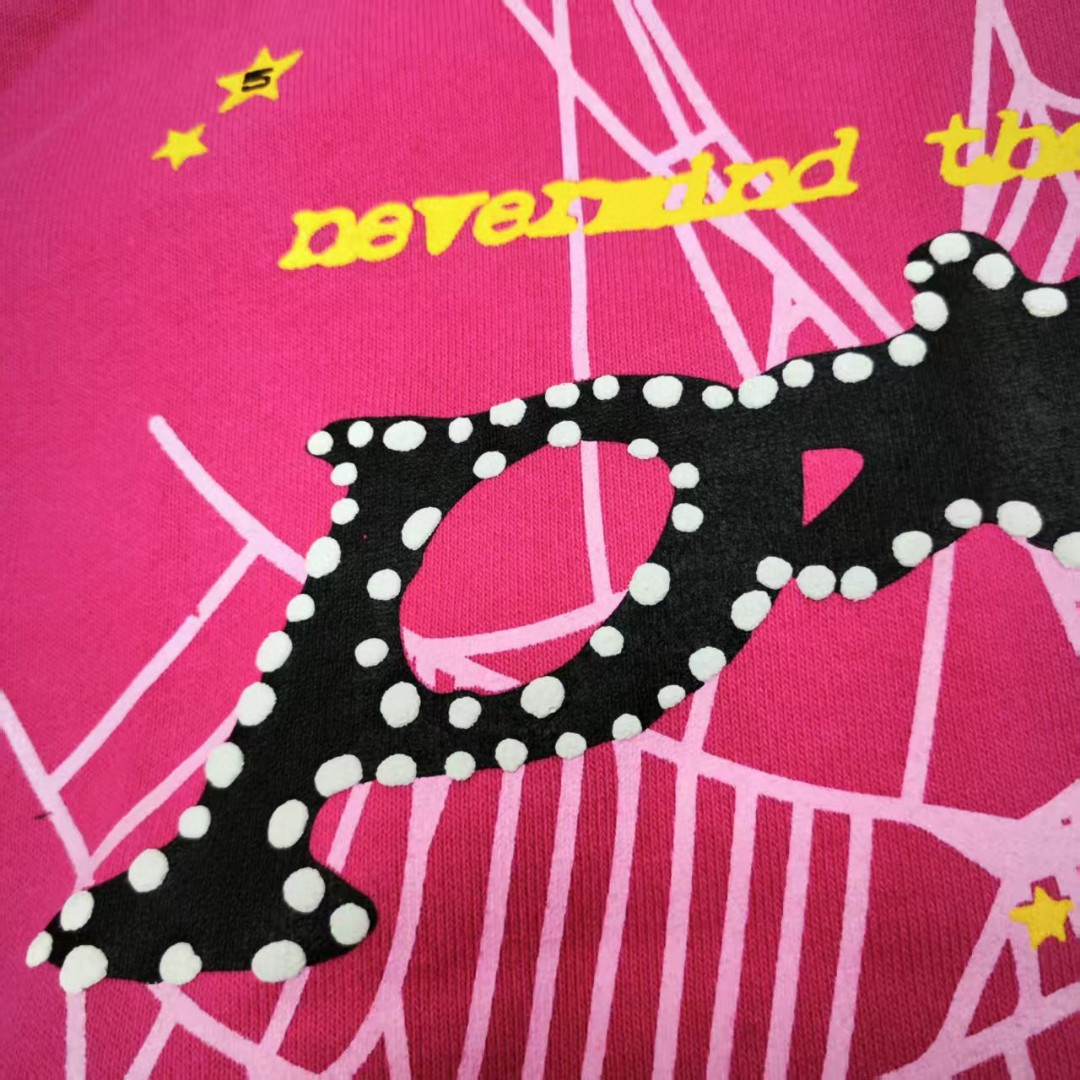 Sp5der 黑色pink字母 蜘蛛网套头连帽卫衣 外套 玫红色 B0 