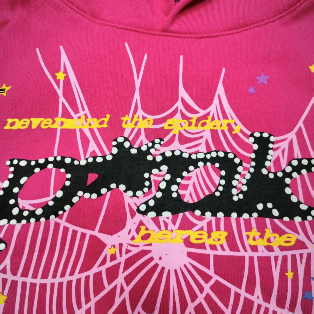 Sp5der 黑色pink字母 蜘蛛网套头连帽卫衣 外套 玫红色 B0 